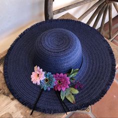 Floppy Summer Woven Straw Rattan Hat In Navy Blue W/ Silk Flowers On Brim Of Hat. Super Cute! Light & Comfy! New!!! Measurements: Across Total Hat: 16.5” Head Opening: 8” Perfectly Round And Flexible. Great For: - Beach - Weddings - Outdoor Parties & Events - Out To Eat - Wineries - Vacations Blue Flat Brim Sun Hat For Beach, Spring Navy Adjustable Hats, Navy Hat For Spring, Blue Brimmed Sun Hat For Day Out, Fun Blue Sun Hat For Vacation, Trendy Blue Beach Hat, Casual Blue Straw Hat One Size, Blue Summer Sun Hat For Day Out, Blue Brimmed Hat For Day Out