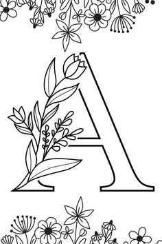 the letter a is surrounded by flowers and leaves