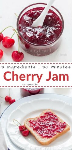 a white plate topped with jam next to a bowl of cherries