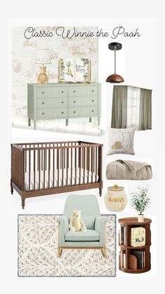 a baby's nursery room with furniture and decor