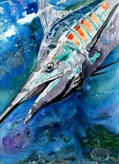 a painting of a fish in the ocean with blue and green watercolors on it