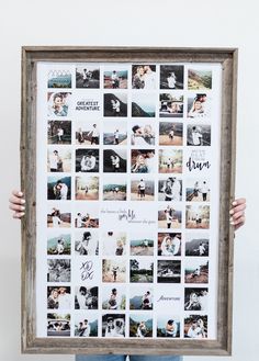 a person holding up a framed photo collage with photos and words on it in front of a white wall