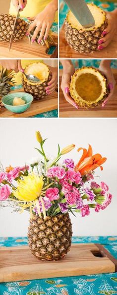 how to make a pineapple flower arrangement with fresh flowers in a bowl and cut the stems