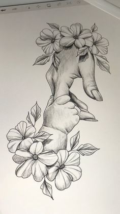 a drawing of an elephant with flowers on it's head and hands reaching out to touch the ground