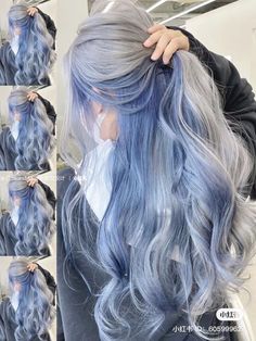 Grey And Blue Hair, Blue Silver Hair, Blue Ombre Hair, Korean Hair Color, Hair Inspiration Long, Hair Inspiration Short