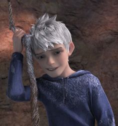 a young boy with grey hair holding onto a rope