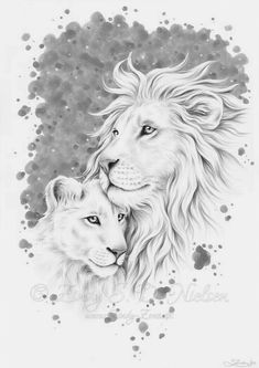 two white lions with blue watercolors on the back and one is facing each other