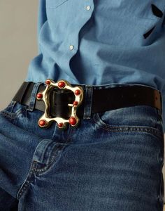 The oversized buckle belt is crafted from supple genuine leather with an oversized brass buckle with red coral cabochon    - can be worn on the waist or hips  - can be belted from 25'' to 36''  - 12 holes  - buckle is 4'' wide  - belt is 2'' wide  - belt length: 42.5''  - content: 100% genuine leather  - imported    google product category  169 Belt Length, Belt Design, Blue Flats, Cool Fits, Brass Buckle, Wide Belt, Hidden Gem, Buckle Belt, Engineered Garments