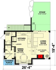 the floor plan for a two story home with an attached garage and living room area