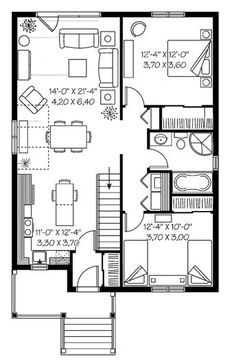 the floor plan for a small house with two bedroom and living room on each side