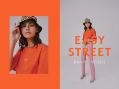 a woman in an orange shirt and pink pants with the words easy street next to her