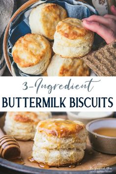 buttermilk biscuits on a plate with honey in the background and text overlay reading 3 ingredient buttermilk biscuits