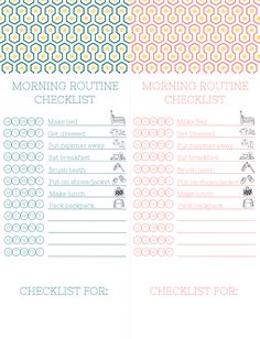 the printable checklist for morning routine is shown in three different colors and sizes