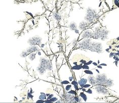 a blue and white floral wallpaper with birds on the branches, flowers and leaves