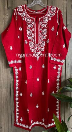 Pure khadi cotton kurta with fine embroidery. Hand embroidered. Kurta Length-44 inches Traditional Fit Kurta With Chikankari Embroidery, Traditional Kurta With Chikankari Embroidery, Unstitched Cotton Kurta With Motifs, Traditional Fit Straight Kurta With Chikankari Embroidery, Folk Style Kurta With Chikankari Embroidery, Traditional Chikankari Embroidered Kurta For Puja, Traditional Red Cotton Kurta, Cotton Straight Kurta With Motifs, Embroidered Straight Kurta For Puja