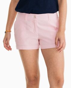 Our favorite Leah Seersucker short is made with a perfect-for-summer, super-soft seersucker fabric, and exceptional fit. The versatility of these shorts allows you to dress them up or down during all of your warm-weather outings. Style: 3847 Preppy Fitted Shorts For Spring, Fitted Striped Shorts For Summer, Seersucker Shorts For Vacation, Seersucker Bottoms For Summer, Seersucker Bottoms For Spring Vacation, Spring Seersucker Beach Bottoms, Spring Vacation Seersucker Shorts, Spring Beach Seersucker Bottoms, Vacation Seersucker Shorts