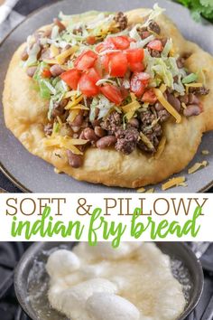 Delicious Homemade Fry Bread—aka "Navajo Tacos" or "Indian Bread"—pillows of dough, fried until crispy on the outside and soft on the inside. Make it a meal by adding sweet or savory toppings! #homemadeindianfrybread #indianfrybread #homemadefrybread #frybread #frybreadrecipe Indian Fry Bread Recipe Easy, Easy Fry Bread Recipe, Navajo Tacos, Fried Bread Recipe, Indian Tacos, Bread Recipe Video, Homemade Fries, Indian Bread, Fry Bread