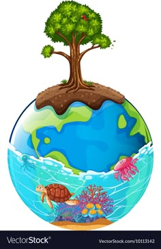 the earth with trees and sea animals inside it