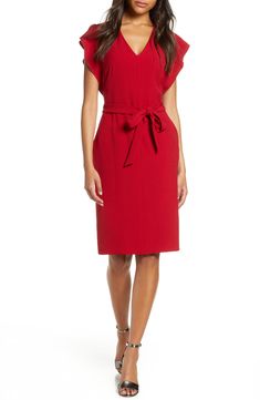 Women's Eliza J Ruffle Sleeve Sheath Dress, Size 10 - Red Dressy Casual Wedding, Winter Wedding Guest Dresses, Women Clothing Styles, Fashion Work Outfit, Casual Wedding Guest Dresses, Cute Red Dresses, Winter Wedding Guest, Classy Winter Outfits, Administrative Assistant