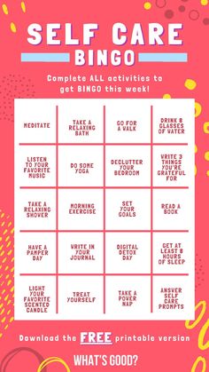 the self care bingo game is shown on a pink background