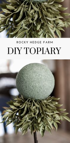 the topiary is made out of rocks and green leaves, with text overlay that reads rocky hedge farm diy topiary