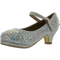 Forever Dana-58K Kids Mid Heel Rhinestone Pretty Sandal Mary Jane Platform Dress Pumps Size: 1 M US Little Kid.  Color: Silver.  Gender: female. Bridesmaid Dress Shoes, Mary Jane Shoes Flat, Pretty Sandals, Girls Dress Shoes, Dressy Sandals, Silver Pumps, Kitten Heel Sandals, Shoes Teen, Zipper Heels