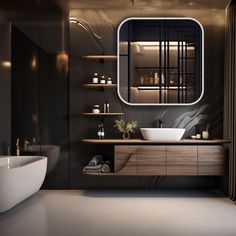 a bathroom with a large mirror above the sink and shelving unit in front of it