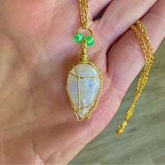 This Necklace Features A Teardrop Moonstone Gem, Stylishly Wrapped In Gold Plated Wire With An Accent Of Green Crystal Beads At The Bail - Hung On Pretty Gold Plated Chain. Measurements In Photos. Personally Handmade & Brand New! The Style Of This Piece Is A Perfect Balance Between Artistic Minimalism & Eye-Catching Uniqueness; It Is Truly One Of A Kind With Lots Of Fun Iridescence! As Such, It Would Make A Great Accessory For Anyone Who Enjoys Boho, Fairy, Cottagecore, Artisan, Preppy, Classy, White Crystal Birthstone Necklaces For Jewelry Making, White Birthstone Crystal Necklaces For Jewelry Making, Handmade White Crystal Dangle Necklace, White Crystal Pendant Necklaces With Birthstone, White Crystal Pendant Necklace With Birthstone, White Crystal Birthstone Pendant Necklace, Handmade Teardrop Moonstone Crystal Necklace, Wire Wrapped Teardrop Moonstone Necklace, Celestial Goth