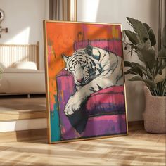 a painting of a white tiger laying on top of a pink chair next to a potted plant