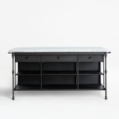 a black and white table with drawers on it's sides, against a white background