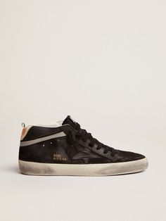 Men's Mid Star in nubuck with black leather star and silver flash | Golden Goose Black Suede High-top Sneakers With Vulcanized Sole, Black Suede High-top Sneakers With Branded Insole, Black Leather Skate Shoes With Contrasting Heel Counter, Black Leather Skate Shoes With Contrasting Heel, Black Leather Skate Shoes With Speckled Midsole, Black Suede High-top Sneakers With Studded Outsoles, Modern Black High-top Sneakers With Speckled Midsole, Scene Inspiration, Golden Family