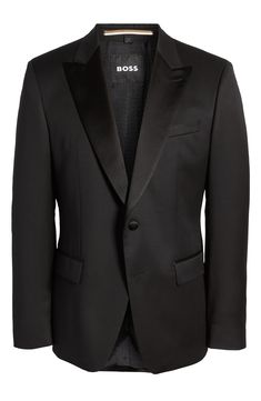 Satin lapels and pocket edges lend luxe detail to this rich virgin-wool sport coat crafted with contrast piping on the inside boasting a light sheen. Peaked lapels   Lined   100% virgin wool   Dry clean   Made in Italy   Hugo Boss/BOSS/HUGO has received the Fair Labor Association accreditation, which signifies that the company has effective systems and procedures in place to successfully uphold fair labor standards throughout its supply chains, including strategies and tools to address and impro Luxury Black Shawl Collar Blazer, Black Silk Suits With Lapel Collar, Silk Tuxedo Style Single-breasted Outerwear, Silk Single-breasted Tuxedo Outerwear, Black Silk Blazer With Lapel Collar, Black Silk Blazer With Suit Collar, Luxury Silk Outerwear With Single Button, Luxury Silk Single-button Outerwear, Silk Tuxedo Outerwear With Lapel Collar