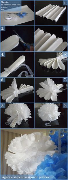 instructions to make tissue paper flowers with blue and white streamers on the bottom, in different