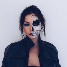 Halloween... Half Painted Skeleton Face, Halloween Skull Makeup Half Face, Easy Half Skull Makeup, Easy Skull Makeup Half Face, Skeleton Half Face Makeup, Diy Skull Makeup, Half Skeleton Makeup Easy, Skull Face Makeup Easy