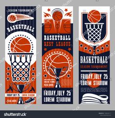 three basketball banners with different designs and colors