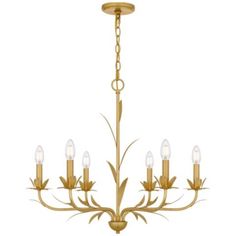 a gold chandelier with five lights hanging from it's center and four arms