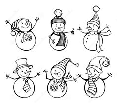 snowmen with hats and scarves are drawn in the style of doodles