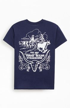 Embrace a laid-back vibe with the West Texas Steakhouse T-Shirt. This tee features short sleeves, a classic crew neckline, and bold West Texas Steakhouse graphics on the front and back, making it a standout piece for any casual day.Solid color teeShort sleevesCrew necklineCustom graphicsStandard fitMachine washable PacSun Mens West Texas Steakhouse T-Shirt - Blue size Large Pacsun Shirts Graphic Tees, Mens Western Graphic Tees, Urban Blue Graphic T-shirt, Texas Graphic Tee, Men’s Western T Shirts, Pacsun Mens, West Texas, Top Graphic Tees, Pacsun