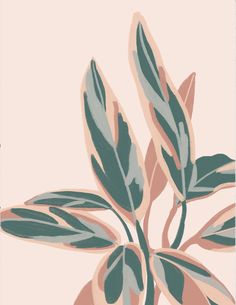 a plant with green leaves is shown on a light pink background, and it appears to be painted in pastel colors