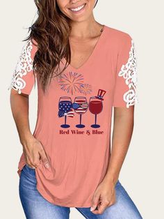 Red Wine and Blue 4th July Celebration With Firework V-Neck Lace Hollow out Short Sleeve T-Shirt Short Sleeve T-shirt For 4th Of July Birthday, Trendy Short Sleeve T-shirt For 4th Of July, White Short Sleeve T-shirt For 4th Of July, Blue T-shirt For 4th Of July With Short Sleeves, Patriotic Short Sleeve T-shirt For Memorial Day, Cheap Clothing, Neck Lace, Cheap Clothes, Women T Shirts