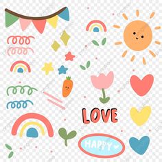 an assortment of cute and colorful stickers with the words love on them, including hearts,