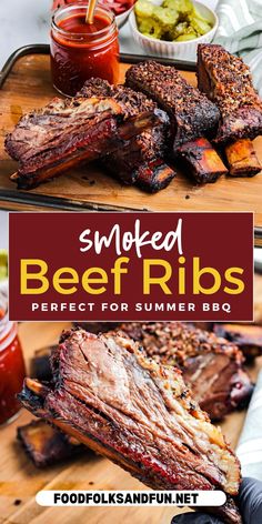 grilled beef ribs on a cutting board with sauces