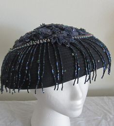 Women's Navy Blue Hat Fancy hat Kentucky Derby hat Elegant Tall Crown Party Hat, Handmade Hat Headpieces For Evening, Kentucky Derby Party Hat Embellished, Kentucky Derby Party Embellished Hat, Beaded Party Costume Hats And Headpieces, Elegant Handmade Blue Hats, Blue Cloche Hat For Evening, Vintage Blue Hat For Evening, Handmade Hats For Royal Ascot Party