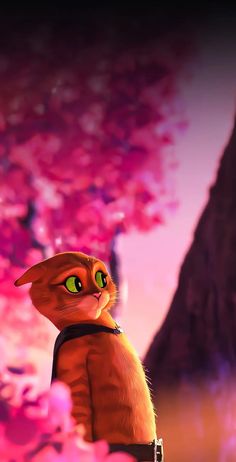 an orange cat with green eyes standing in front of a pink flowered tree and mountain