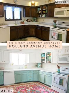 the before and after pictures of a kitchen remodel with blue cabinets, white appliances, and brown cupboards