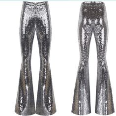 FULLY SEQUINED FABRIC : Shine brighter than ever before and turn heads with bold, sparkly designs with a pair of Studio 54 Fashion Women's Sequined Flare Pants Leggings and shine a light on how good you look! SPANDEX LINING STRETCH : Our Women's Sequin Flare Pants are lined with a comfy, spandex fabric to make the holiday parties comfortable. Outer layer mesh is covered with tiny sequins in orderly vertical stripes. Inside soft stretch lining prevents sequins from rubbing/scratching your legs an Sequin Bell Bottoms, Studio 54 Fashion, Pants Bell Bottoms, High Waisted Bell Bottoms, Velvet Bell Bottoms, Sequin Flare Pants, Disco Glam, Golden Lace, Flare Legging