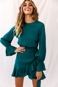 Shop Dresses | Hot Party Dresses | Hot Dresses | Selfie Leslie, Color: Green Chic Satin Dress For Fall Date Night, Chic Fall Satin Dress For Date Night, Chic Satin Dress For Night Out In Fall, Chic Satin Dress For Fall Night Out, Chic Party Wrap Dress With Ruffles, Elegant Ruffled Wrap Dress For Date Night, Chic Satin Dress With Ruffles For Spring, Elegant Mini Wrap Dress With Ruffles, Chic Ruffled Satin Dress For Spring