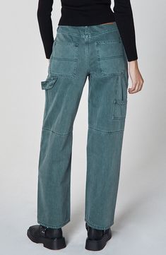 Carpenter pockets and a hammer loop lend bold workwear edge to these cargo-style jeans boasting a unique hue and relaxed, high-waisted silhouette. 29" inseam; 18" leg opening; 12 1/2" front rise; 15 1/2" back rise Zip fly with button closure Five-pocket style; hammer loop; back utility patch pockets 100% cotton Machine wash, line dry Imported High Waisted Carpenter Jeans, Dark Wash Utility Cargo Jeans With Belt Loops, Dark Wash Wide Leg Cargo Pants With Belt Loops, Fall Cotton Cargo Jeans With Belt Loops, Utility High-rise Cargo Jeans With Belt Loops, Utility Style High Rise Cargo Jeans With Belt Loops, High Rise Utility Cargo Jeans With Belt Loops, Utility High-rise Cargo Jeans For Streetwear, High-rise Utility Cargo Jeans For Streetwear