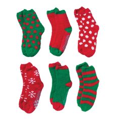 These colorful Christmas socks will help you get all warm and toasty as you sit in front of the tree while waiting for Santa (or for the little ones to fall asleep) on Christmas Eve. Three pairs include grippers and three pairs are gripper-free. The grippers will make it easier to get around the house in the dark, and the green and red designs will make your feet feel positively jolly. Hand them out to holiday guests as Christmas gifts or have a supply just for you! Polyester. (6 pairs per set) Christmas Fuzzy Socks, Best Christmas Gift Baskets, Food Socks, Staff Appreciation, Fuzzy Socks, Colorful Christmas, Candy Bars, Funny Socks, Red Design