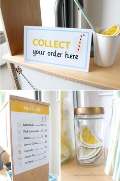 there is a sign that says collect your order here and lemons in a jar